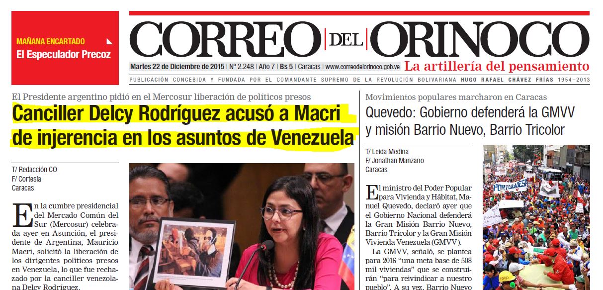 La tapadel prestigioso periódico Correo del Orinoco muestra el papelón macrista.
