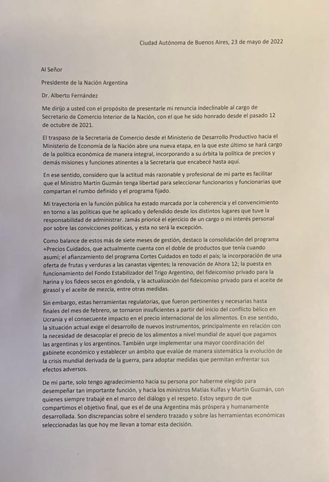 Carta de renuncia de Feletti.