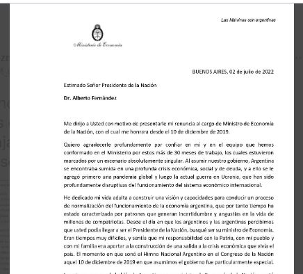 Primera hoja de las siete páginas de la renuncia del Ministro Guzmán.